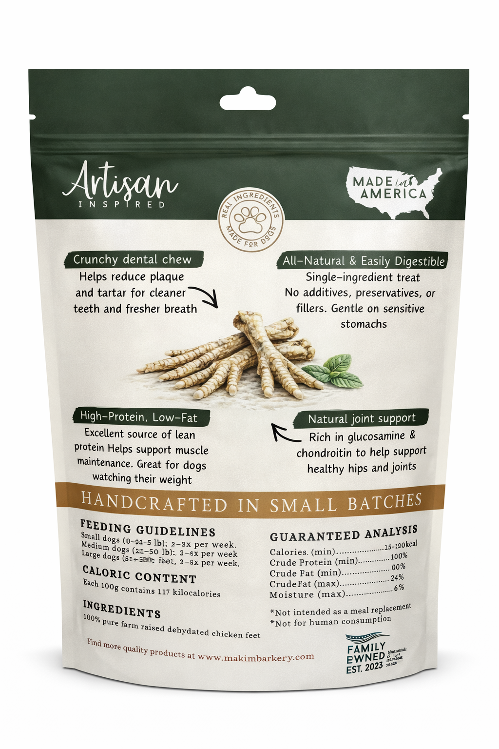 Package of Artisan Pet Treats with text and images on a white background