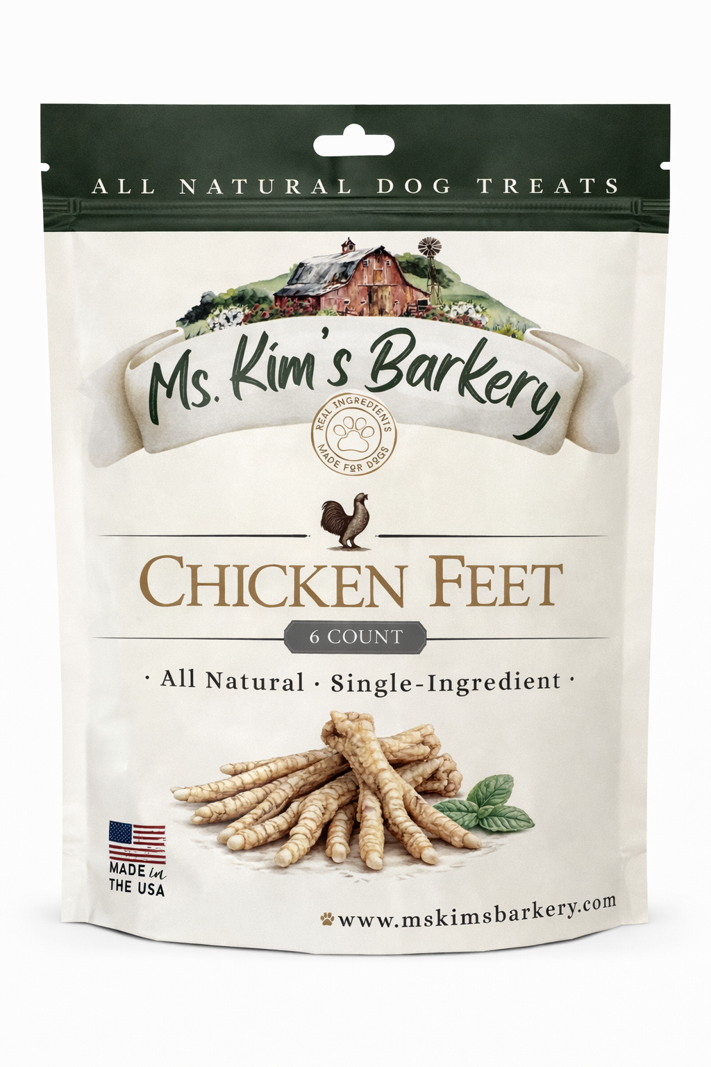 Package of Ms. Kim's Barkery all natural dog treats with chicken feet on a white background