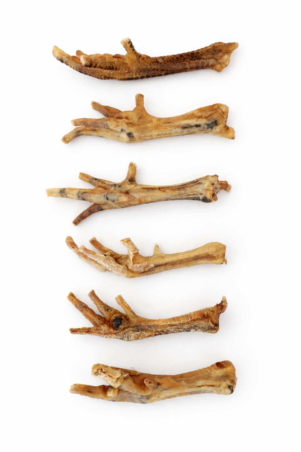 Set of six Chicken Feet arranged in a zigzag pattern on a white background