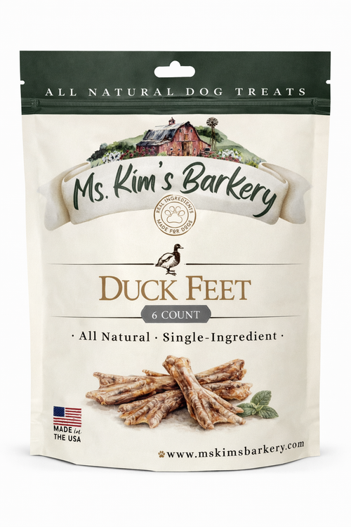 Package of Ms. Kim's Barkery Duck Feet dog treats on a white background