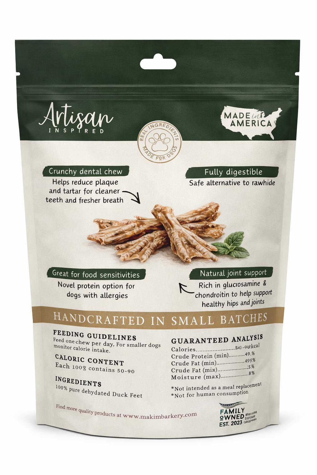 Package of Artisan Inspired dog treats with text on a white background