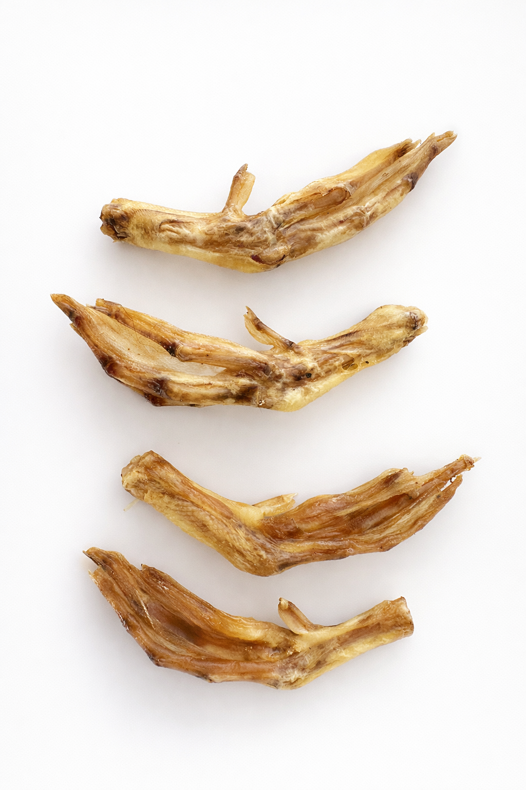 Four pieces ofdehydrated duck feet on a white background