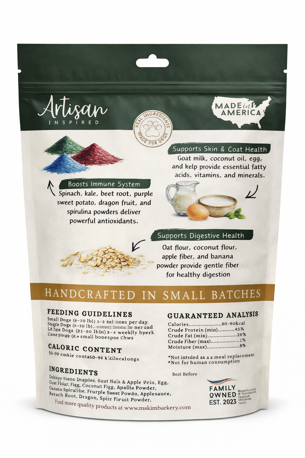 Package of Artisan Made in America pet food with text and images on a white background