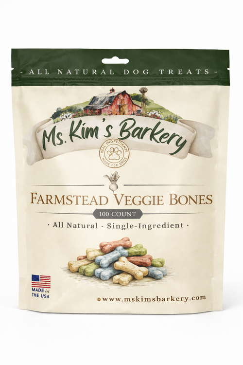 Package of Ms. Kim's Barkery Farmstead Veggie Bones dog treats on a white background
